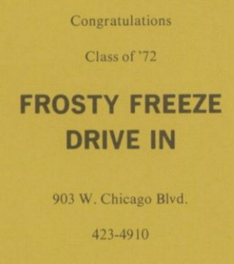 Frosty Freeze Drive-In (Boomers Burgers) - Tecumseh - 903 W Chicago 3 - 1972 Yearbook Ad (newer photo)